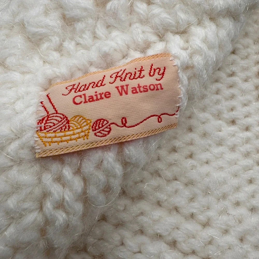 Hand Knit Cream Flower Pearl Baby Blanket‎ 52x52 Shimmery Yarn